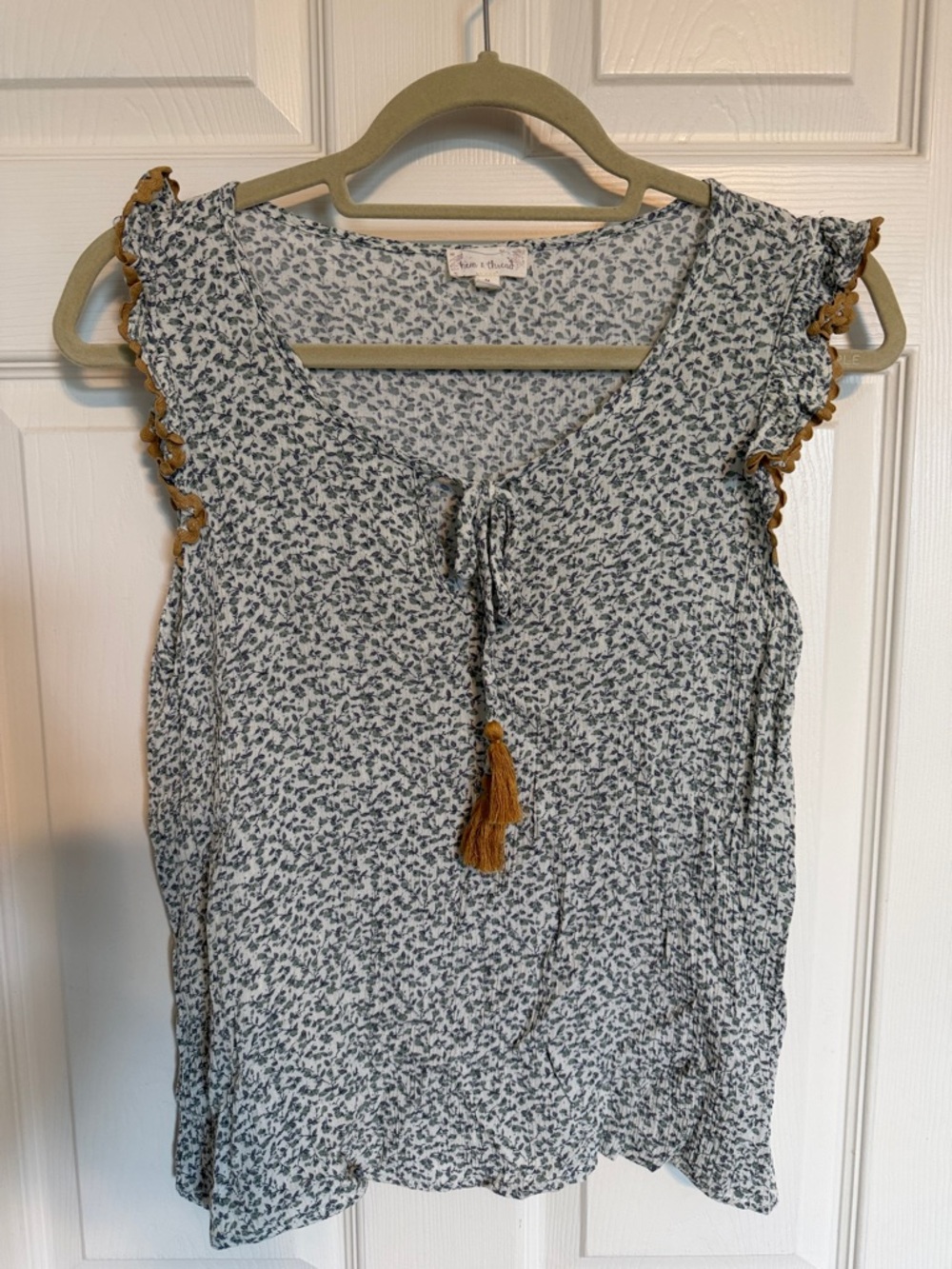 Hem & Thread White Floral Tassel Camisole with Mustard Trim